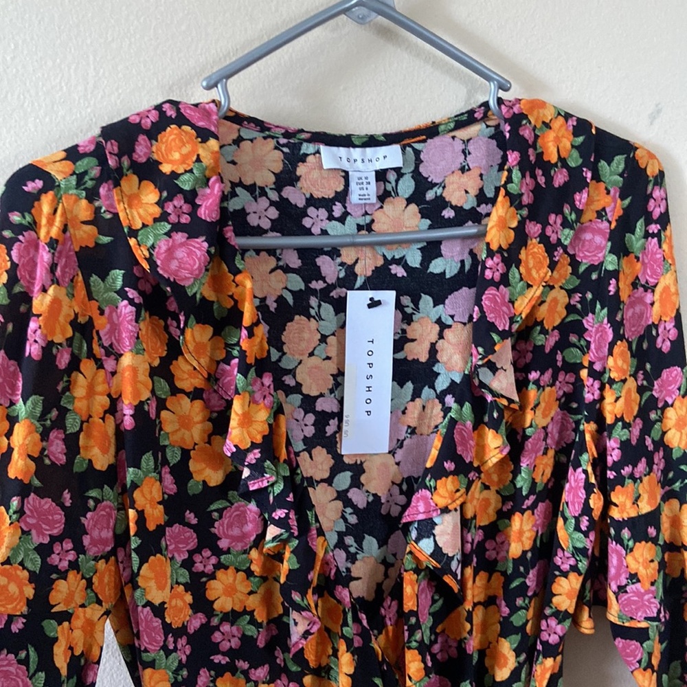New Black & Orange Floral Ruffled TopShop Wrap Dress Long Sleeve 6 Spring Fall - Picture 3 of 10